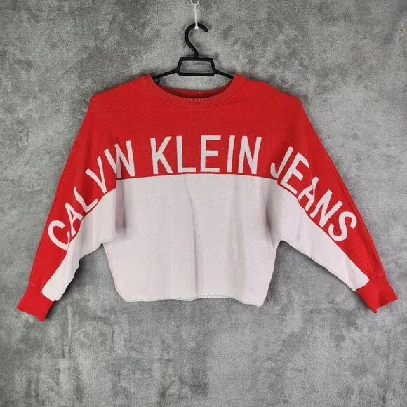 Womens Calvin Klein Jeans Cropped Sweater Red & White 100% Cotton Long Sleeve S - Picture 2 of 13